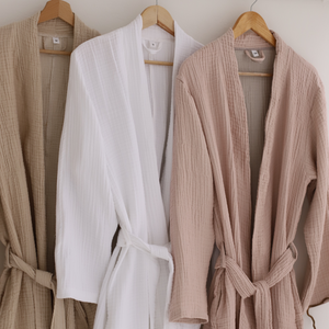 4 Kat Müslin Pamuk Beyaz Bornoz Sabahlık Kimono